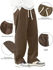 Mens Corduroy Casual Pants Fashion Loose Fit Wide Leg Pants Straight Sweatpants Elastic Waist Drawstring