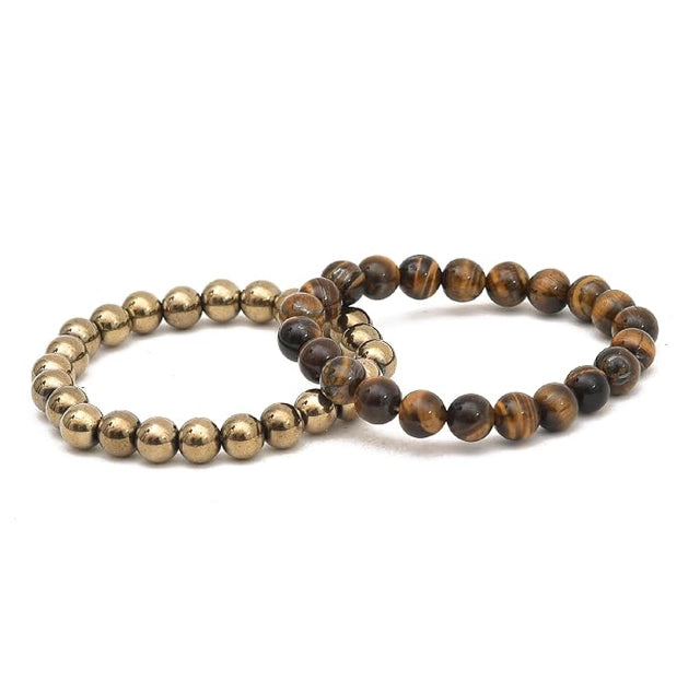 Tiger Eye and Golden Pyrite Bracelet Combo Set | Natural Stone Beaded Bracelets for Self Protection and Money Attraction | Healing Crystal Jewelry for Unisex Adults, 2 Piece Set