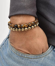 Tiger Eye and Golden Pyrite Bracelet Combo Set | Natural Stone Beaded Bracelets for Self Protection and Money Attraction | Healing Crystal Jewelry for Unisex Adults, 2 Piece Set